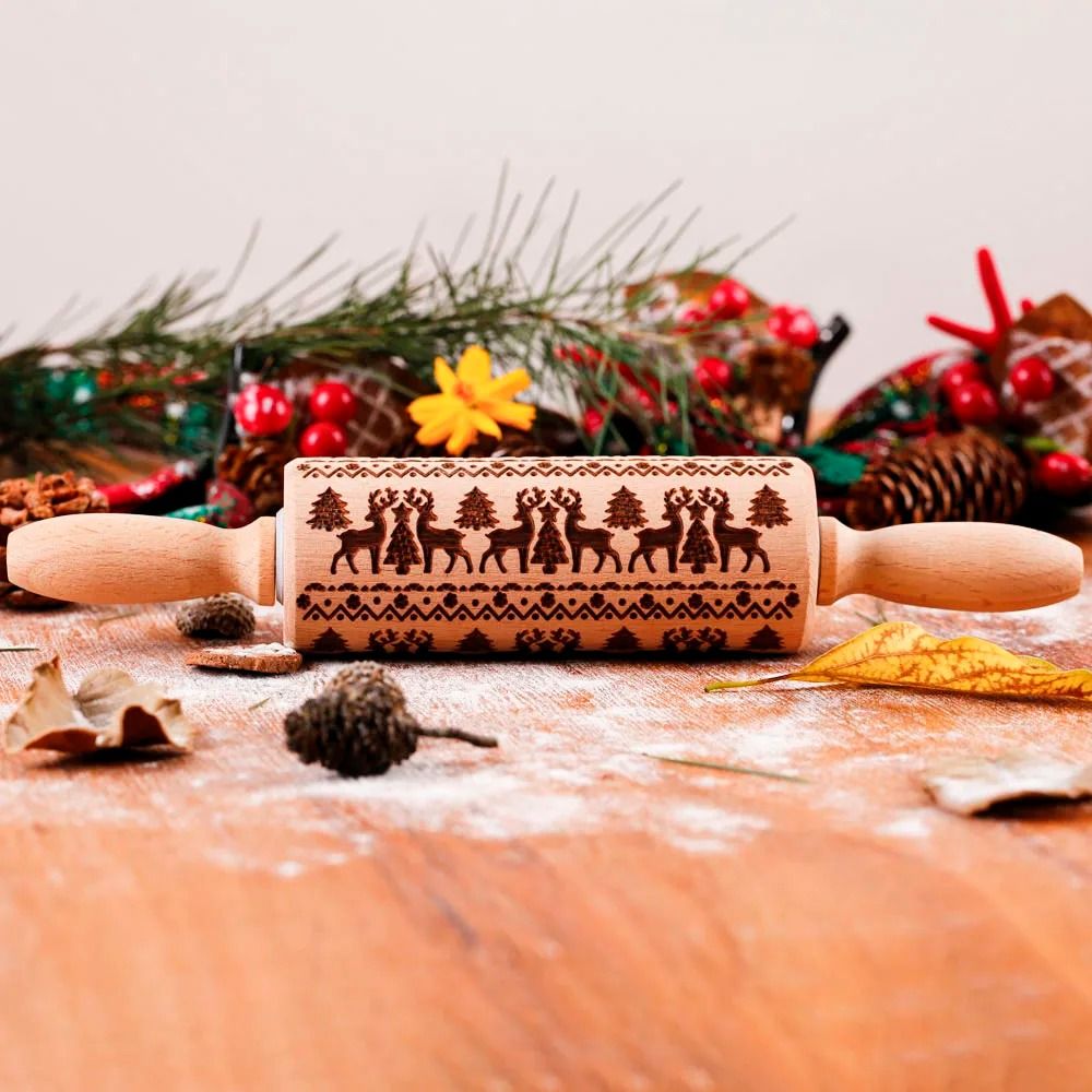 10Inch Wooden Embossed Rolling Pin With Coffee Lemon Flower Elk Pattern For Cookie And Pastry Bakin 10
