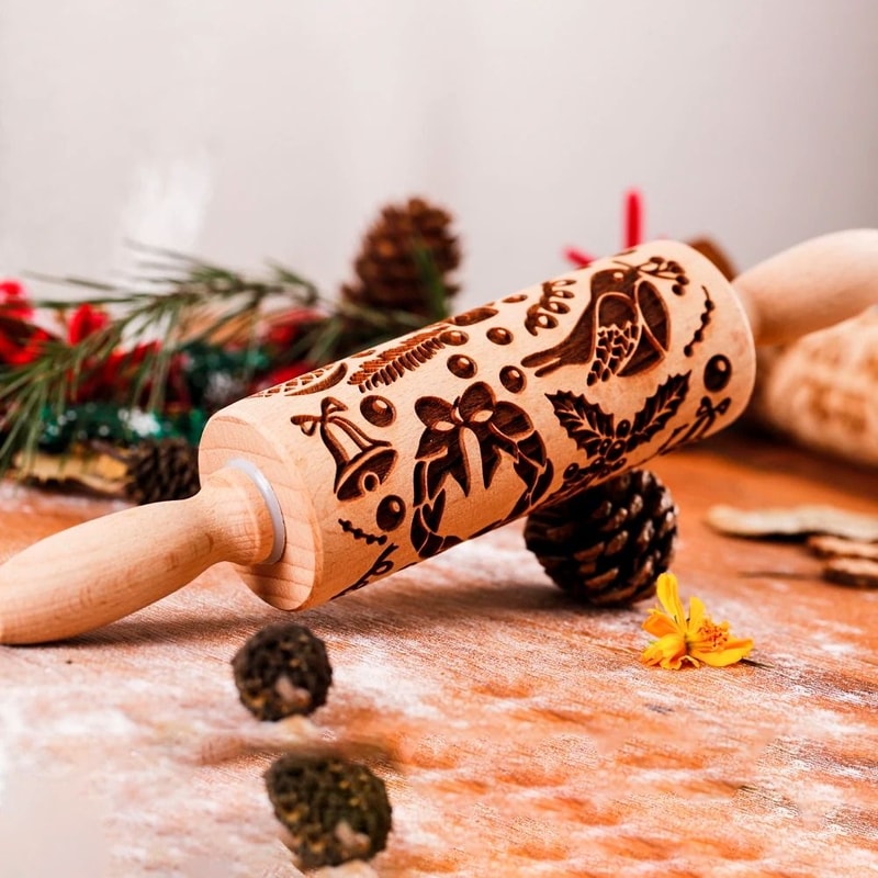 10Inch Wooden Embossed Rolling Pin With Coffee Lemon Flower Elk Pattern For Cookie And Pastry Bakin 11