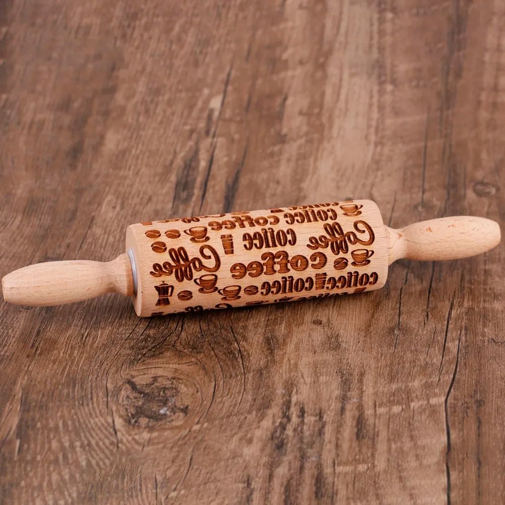 10Inch Wooden Embossed Rolling Pin With Coffee Lemon Flower Elk Pattern For Cookie And Pastry Bakin 12