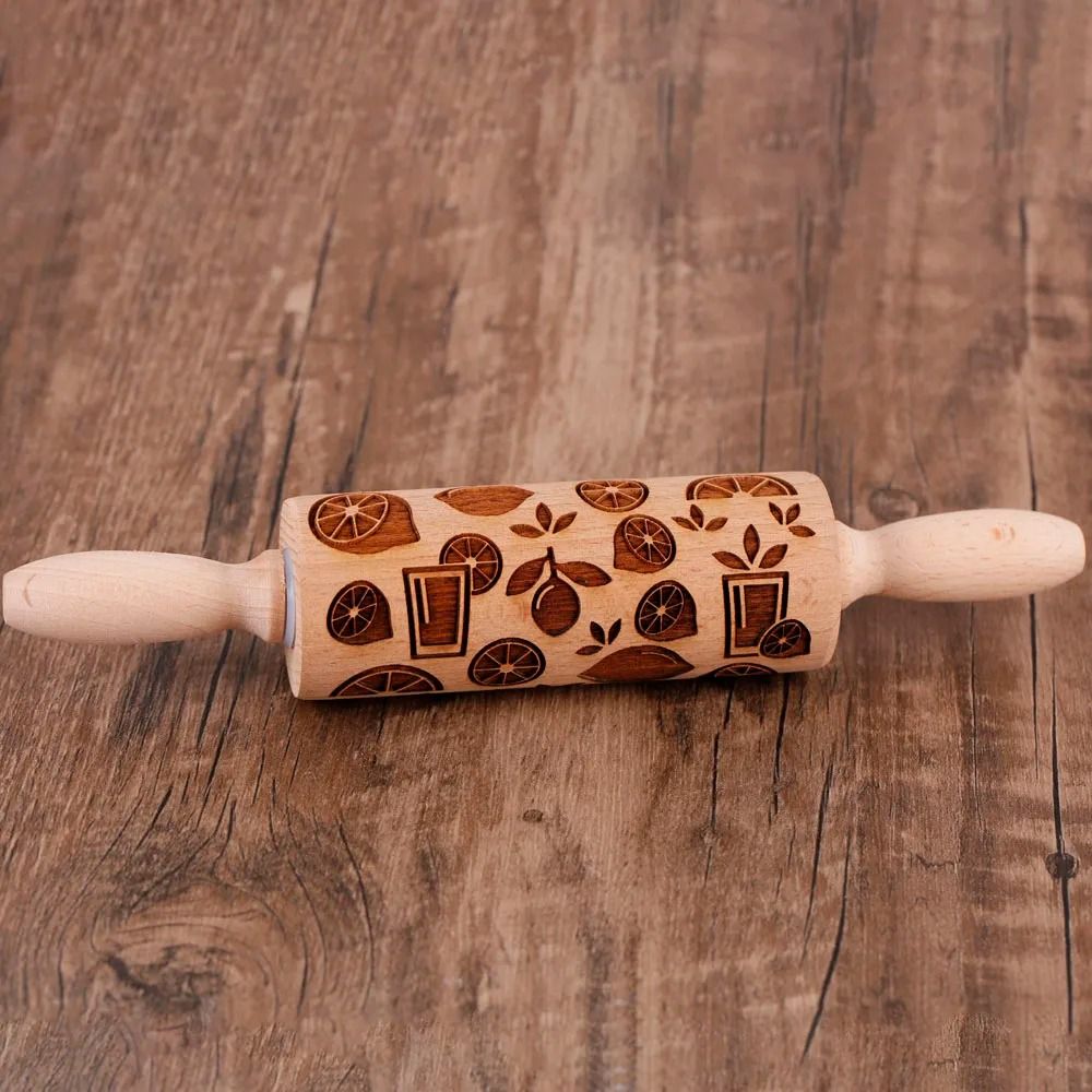 10Inch Wooden Embossed Rolling Pin With Coffee Lemon Flower Elk Pattern For Cookie And Pastry Bakin 13