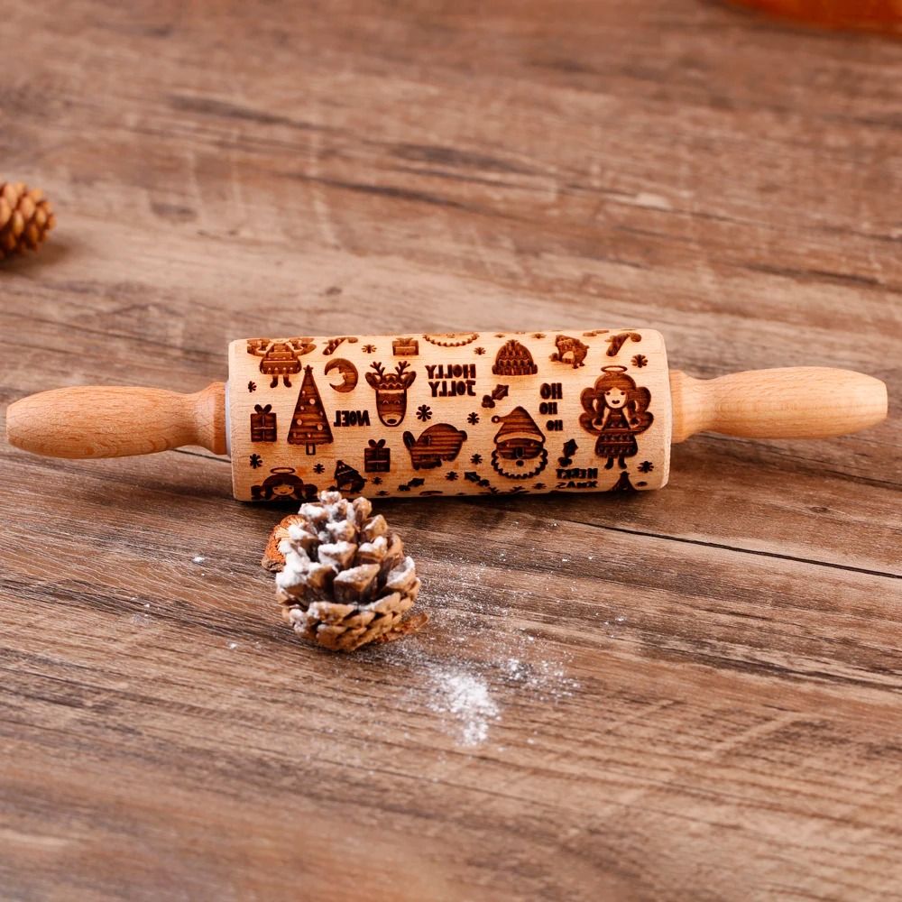 10Inch Wooden Embossed Rolling Pin With Coffee Lemon Flower Elk Pattern For Cookie And Pastry Bakin 15