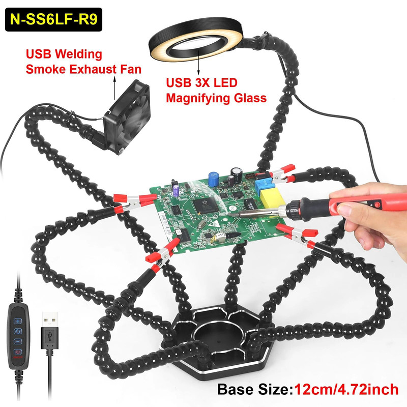 Soldering Helping Hands Tool With 3X Magnifier LED Light And USB Smoke Exhaust Fan For PCB Repair 13
