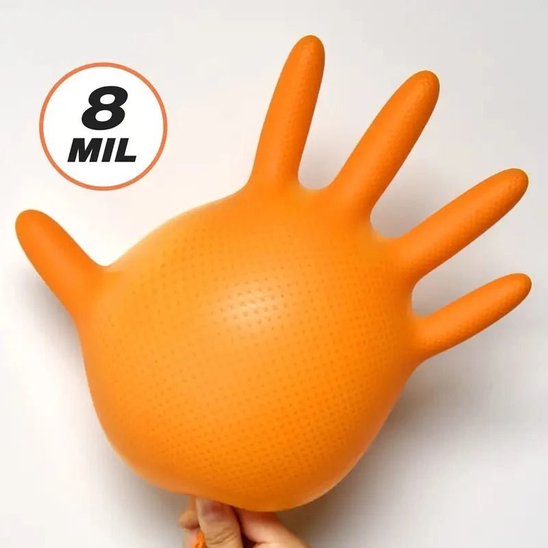 Heavy Duty Orange Nitrile Work Gloves  8Mil Industrial Disposable Gloves With Diamond Grip For Mech 4