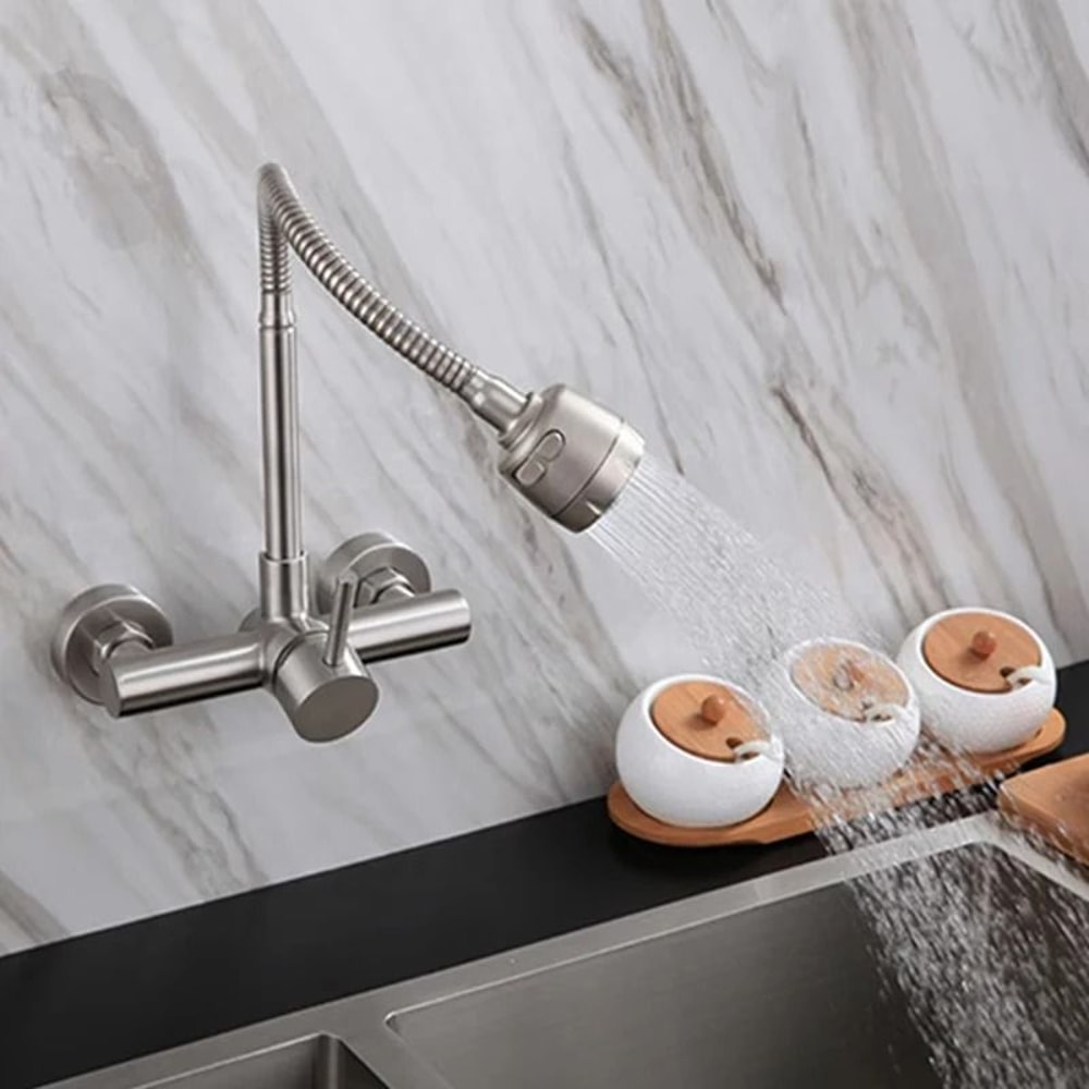 360 Rotatable Stainless Steel Wall Mounted Kitchen Faucet With Hot And Cold Water 1