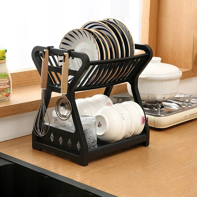 Double Layer Kitchen Dish Rack With Drain Tray And Bowl Organizer 0