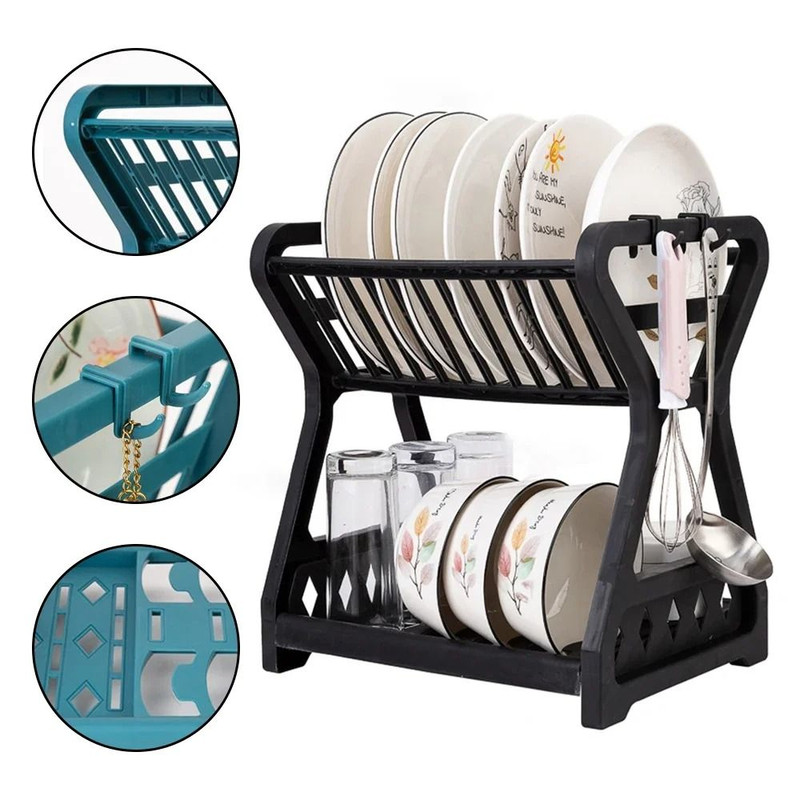 Double Layer Kitchen Dish Rack With Drain Tray And Bowl Organizer 1