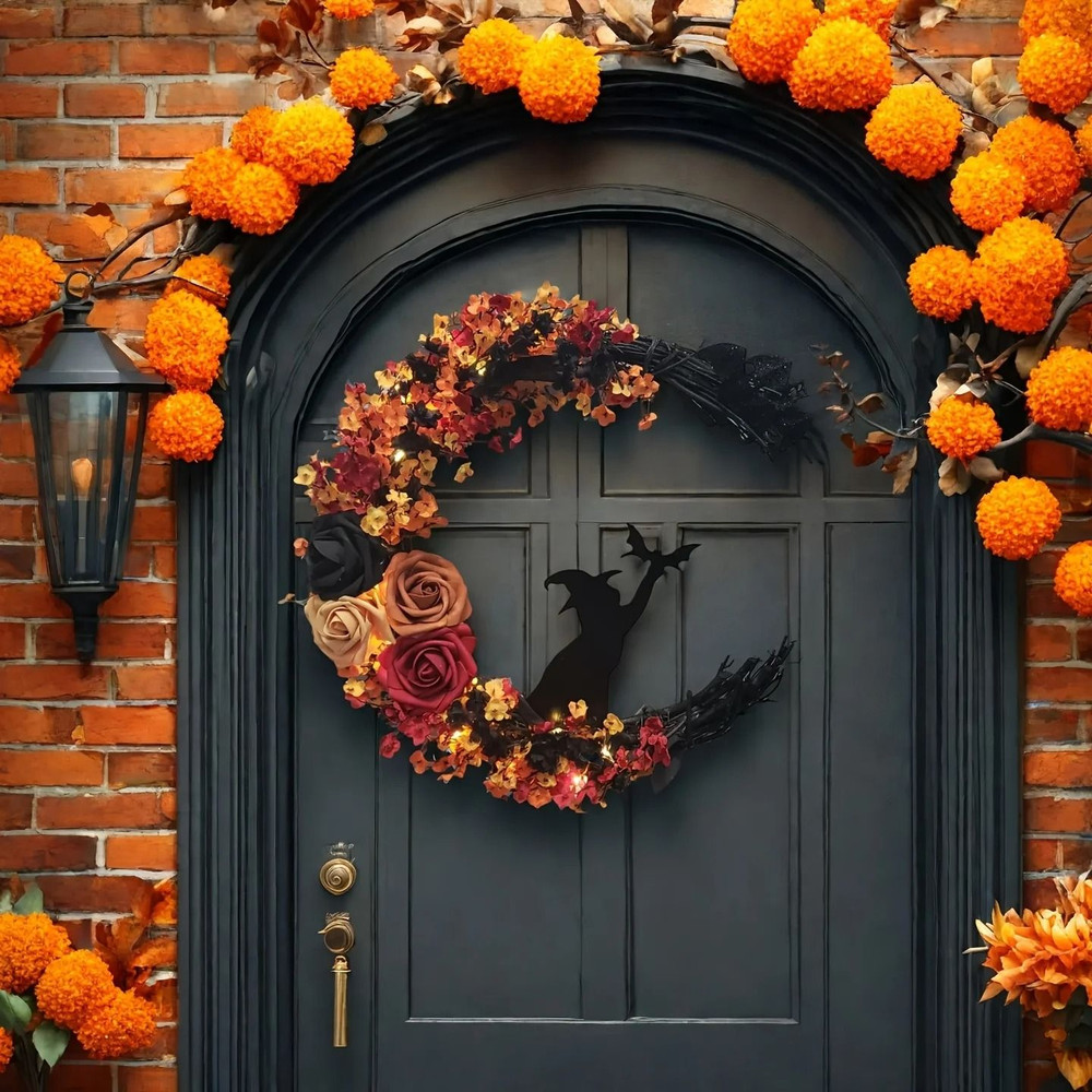 Gothic Halloween Wreath With Roses And Witch Cat Silhouette 0