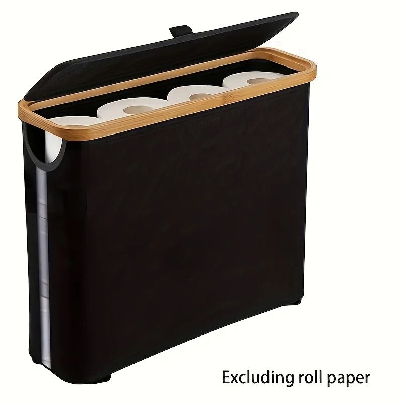 Bohemian Bamboo Toilet Paper Holder With Foldable Storage Basket 7