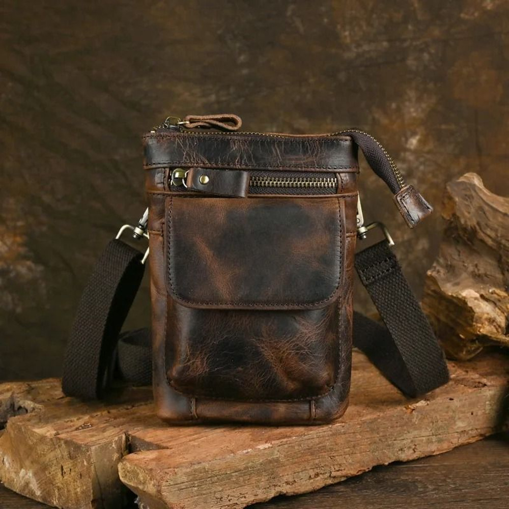 Genuine Leather Vintage Mens Waist Bag  MultiFunction Crossbody Belt Pouch With Split Hook 0