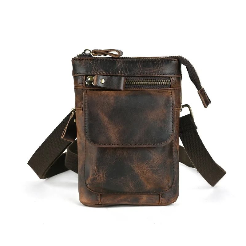 Genuine Leather Vintage Mens Waist Bag  MultiFunction Crossbody Belt Pouch With Split Hook 4