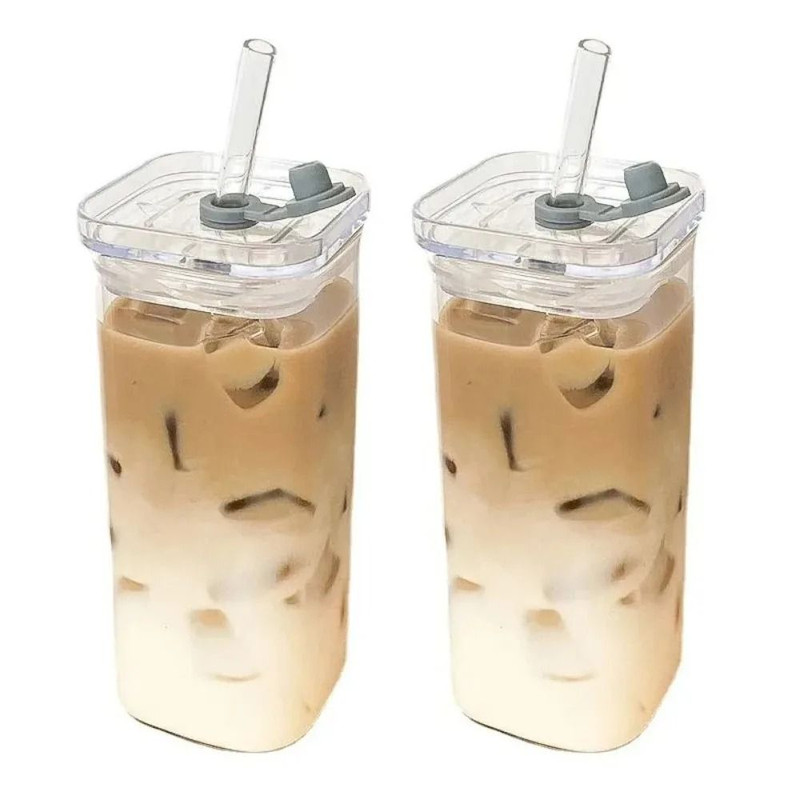 Square HeatResistant Glass Cup With Lid And Straw  400ml Transparent Coffee And Milk Tea Mug For Ho 3