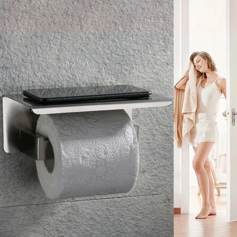304 Stainless Steel Toilet Paper Holder With Shelf And Phone Stand  Modern WallMounted Bathroom Rol 4