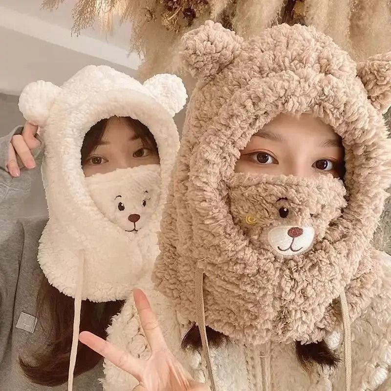 Cute Bear Plush Winter Hat With Earflaps  Warm Furry Balaclava Hood For Women And Girls 0