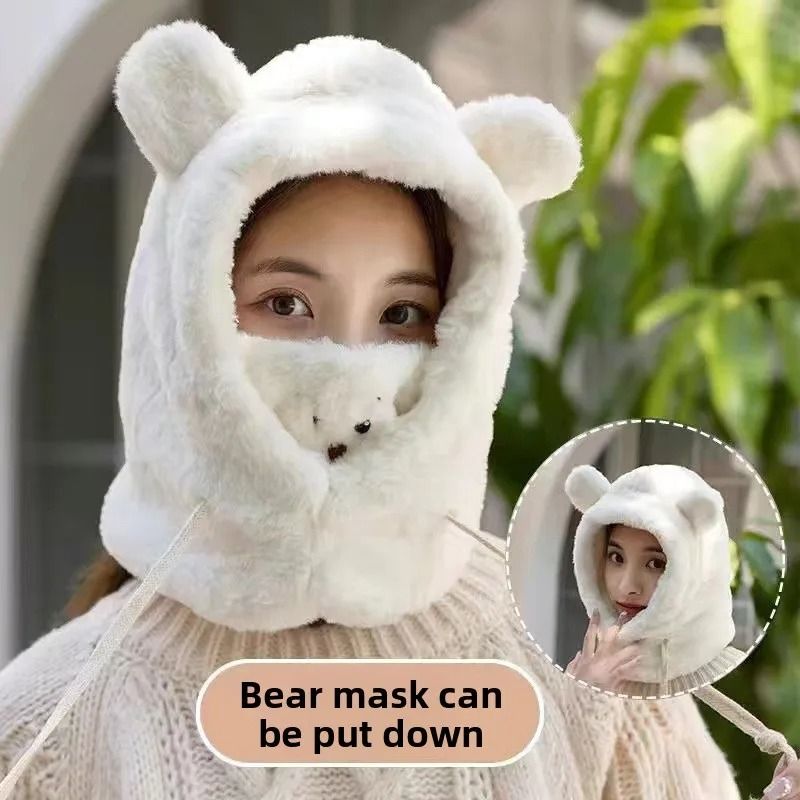 Cute Bear Plush Winter Hat With Earflaps  Warm Furry Balaclava Hood For Women And Girls 1