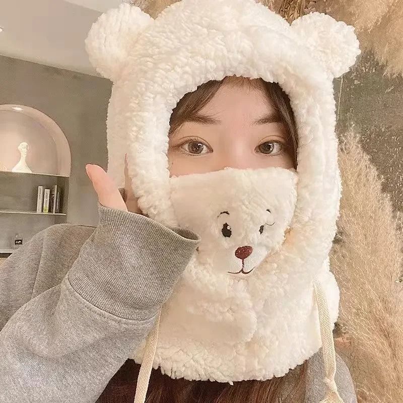 Cute Bear Plush Winter Hat With Earflaps  Warm Furry Balaclava Hood For Women And Girls 2