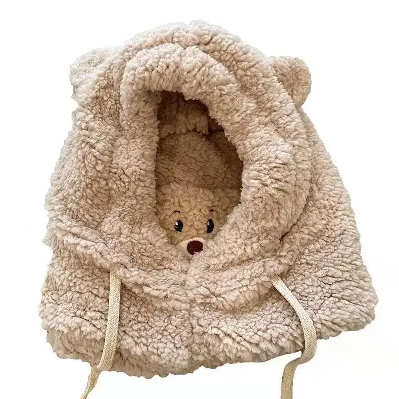 Cute Bear Plush Winter Hat With Earflaps  Warm Furry Balaclava Hood For Women And Girls 5