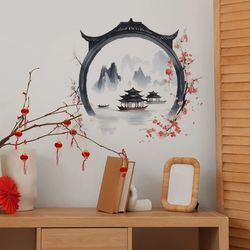 watercolor landscape wall sticker chinese style pvc art mural for living room and bedroom decor