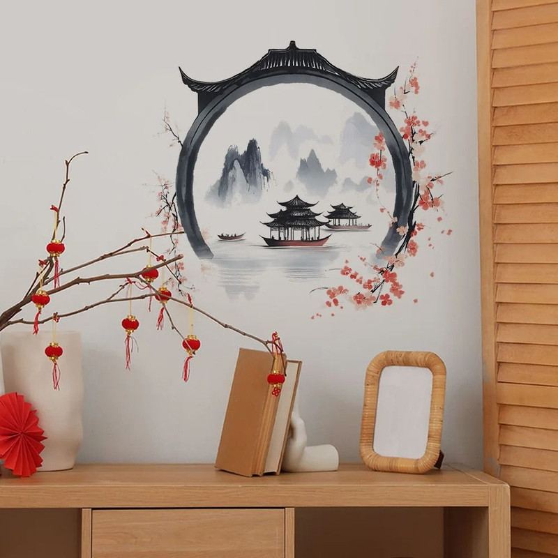 Watercolor Landscape Wall Sticker Chinese Style PVC Art Mural For Living Room And Bedroom Decor 0