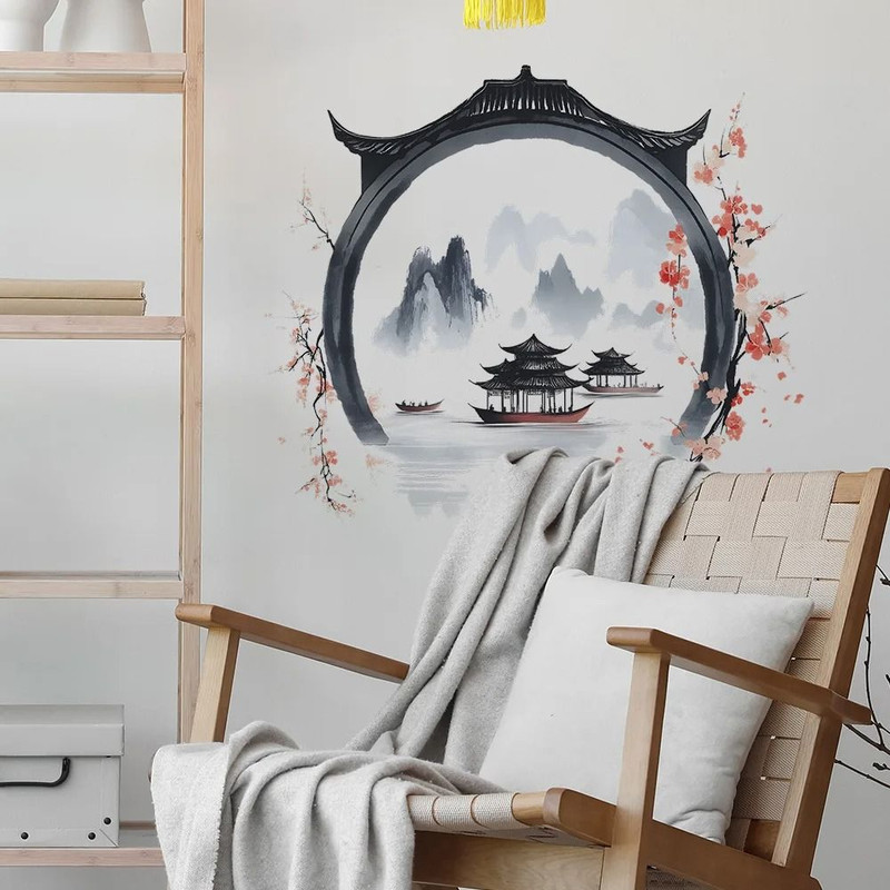 Watercolor Landscape Wall Sticker Chinese Style PVC Art Mural For Living Room And Bedroom Decor 2