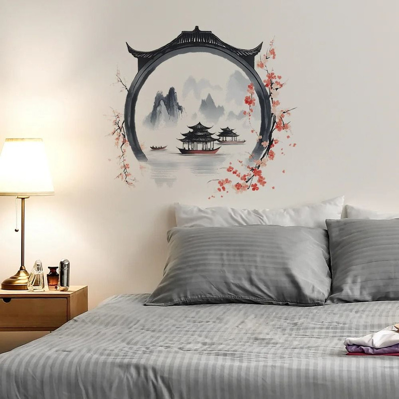 Watercolor Landscape Wall Sticker Chinese Style PVC Art Mural For Living Room And Bedroom Decor 3