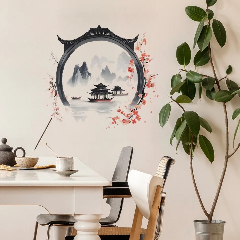 Watercolor Landscape Wall Sticker Chinese Style PVC Art Mural For Living Room And Bedroom Decor 4