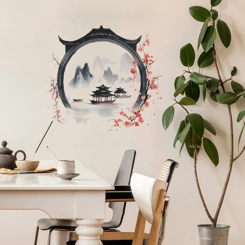 Watercolor Landscape Wall Sticker Chinese Style PVC Art Mural For Living Room And Bedroom Decor 4
