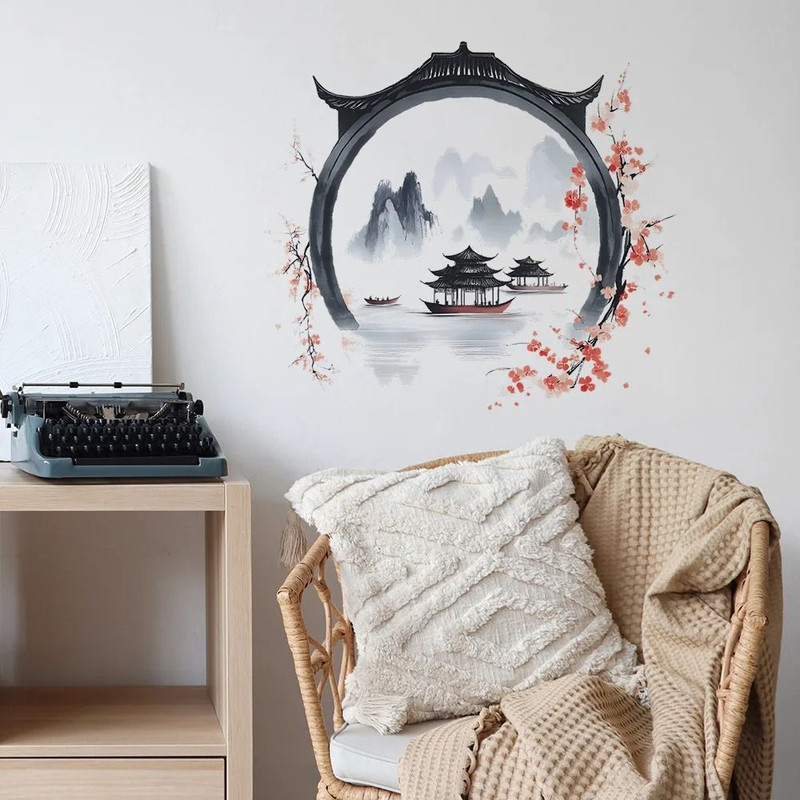 Watercolor Landscape Wall Sticker Chinese Style PVC Art Mural For Living Room And Bedroom Decor 5