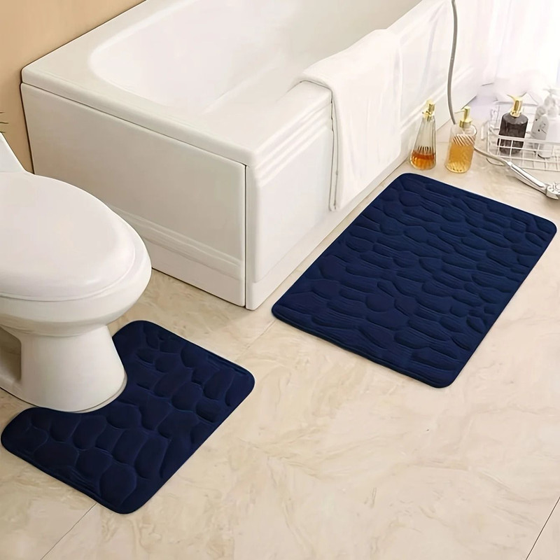 Embossed Stone Pattern Absorbent Bathroom And Door Mat Set 9
