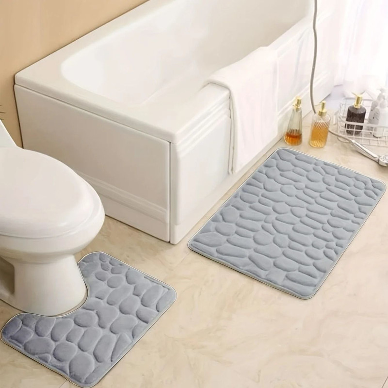 Embossed Stone Pattern Absorbent Bathroom And Door Mat Set 10