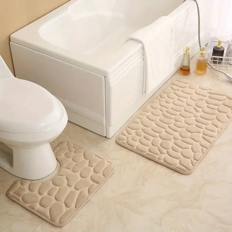 Embossed Stone Pattern Absorbent Bathroom And Door Mat Set 8