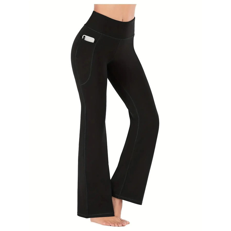 Womens HighWaist Flared Yoga Pants With Pockets Tummy Control Stretch Fit 0