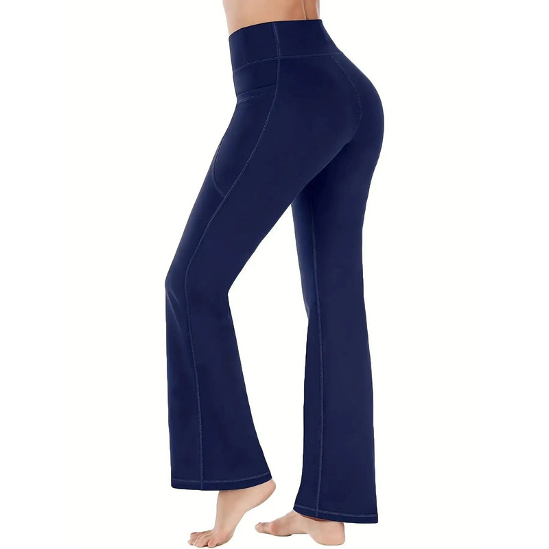 Womens HighWaist Flared Yoga Pants With Pockets Tummy Control Stretch Fit 1