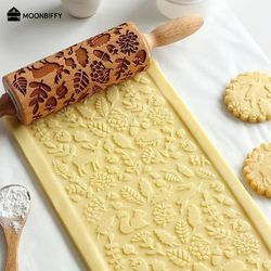 christmas embossed wooden rolling pin 13.78 inch beech wood cookie roller with snowflake and elk patterns
