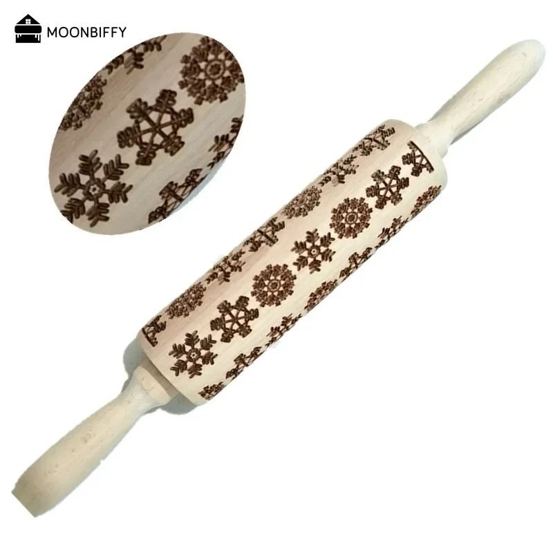 Christmas Embossed Wooden Rolling Pin 1378 Inch Beech Wood Cookie Roller With Snowflake And Elk Pat 10