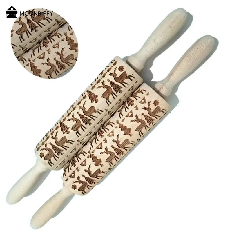 Christmas Embossed Wooden Rolling Pin 1378 Inch Beech Wood Cookie Roller With Snowflake And Elk Pat 12