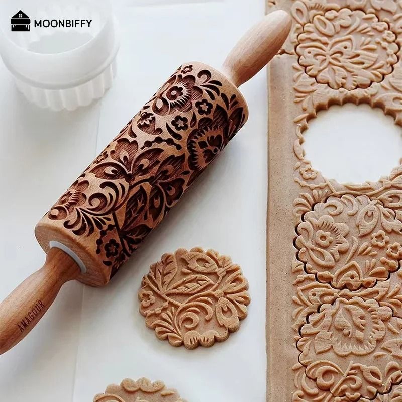 Christmas Embossed Wooden Rolling Pin 1378 Inch Beech Wood Cookie Roller With Snowflake And Elk Pat 2