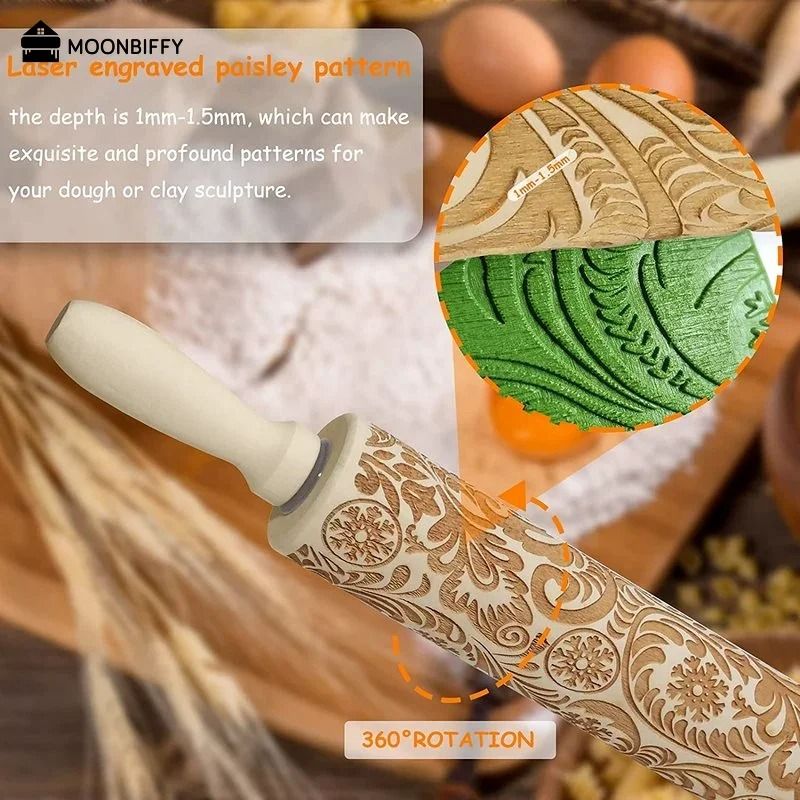 Christmas Embossed Wooden Rolling Pin 1378 Inch Beech Wood Cookie Roller With Snowflake And Elk Pat 4