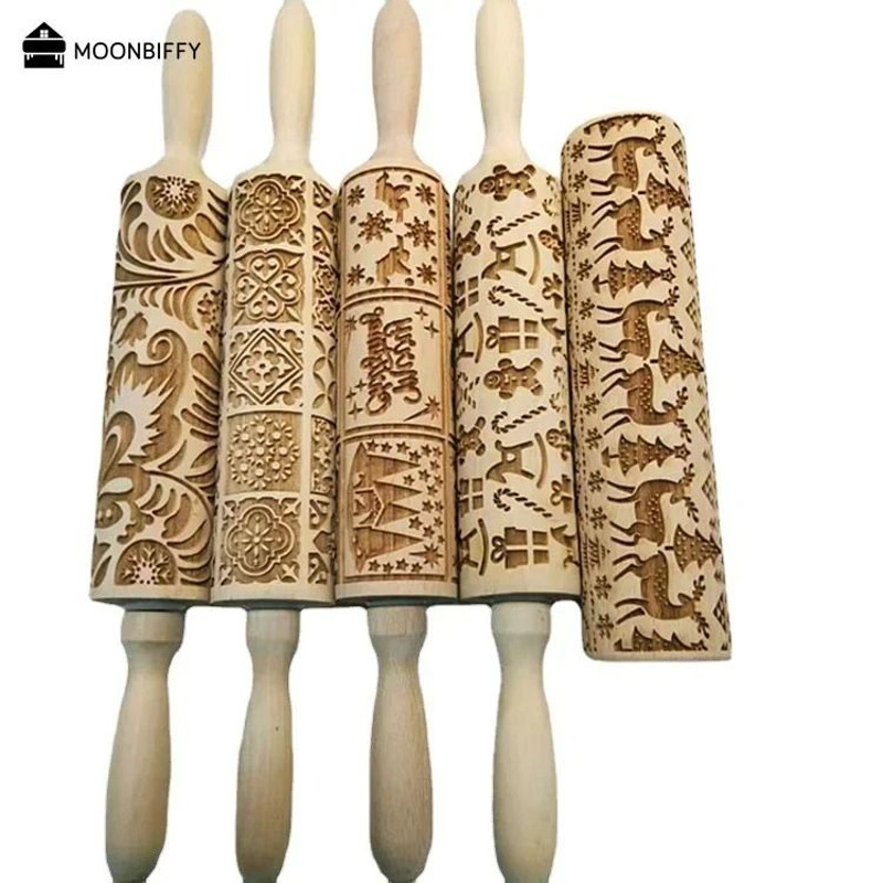 Christmas Embossed Wooden Rolling Pin 1378 Inch Beech Wood Cookie Roller With Snowflake And Elk Pat 6