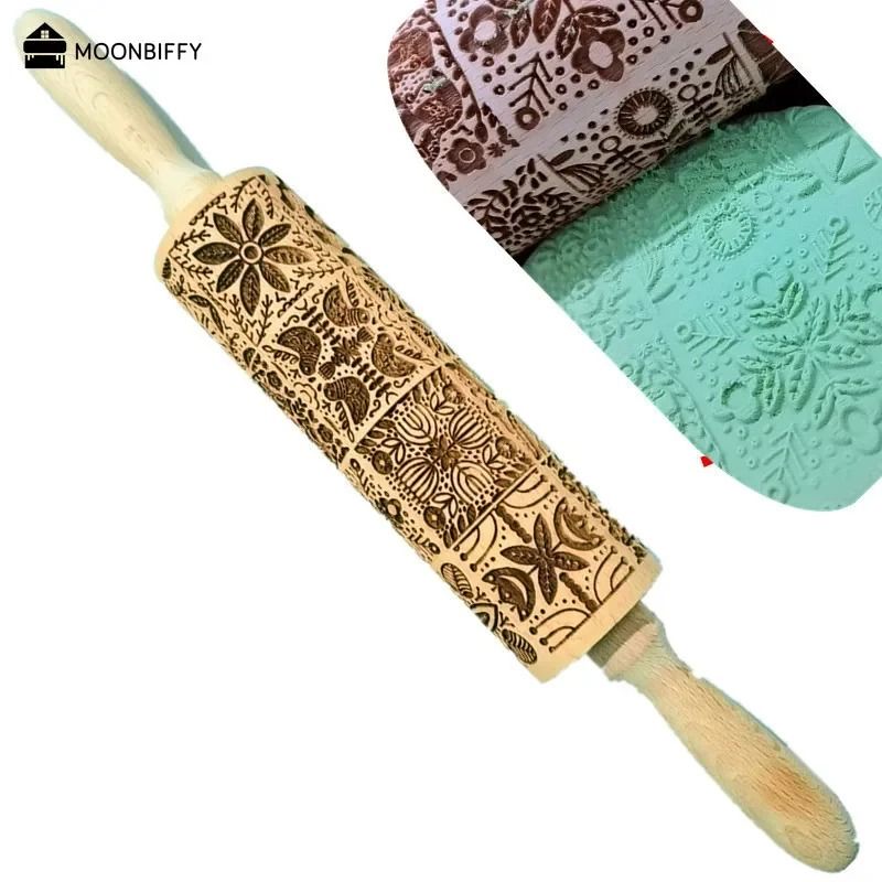 Christmas Embossed Wooden Rolling Pin 1378 Inch Beech Wood Cookie Roller With Snowflake And Elk Pat 8