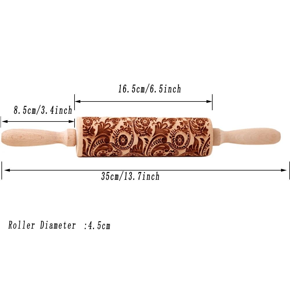 European Retro Flower Embossed Wooden Rolling Pin 1378 Inch Beech Wood Cookie Roller 3