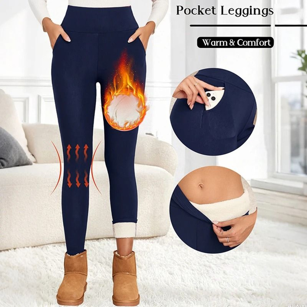 Women Velvet Fleece Leggings With Pockets Warm Winter Stretch Pants 0