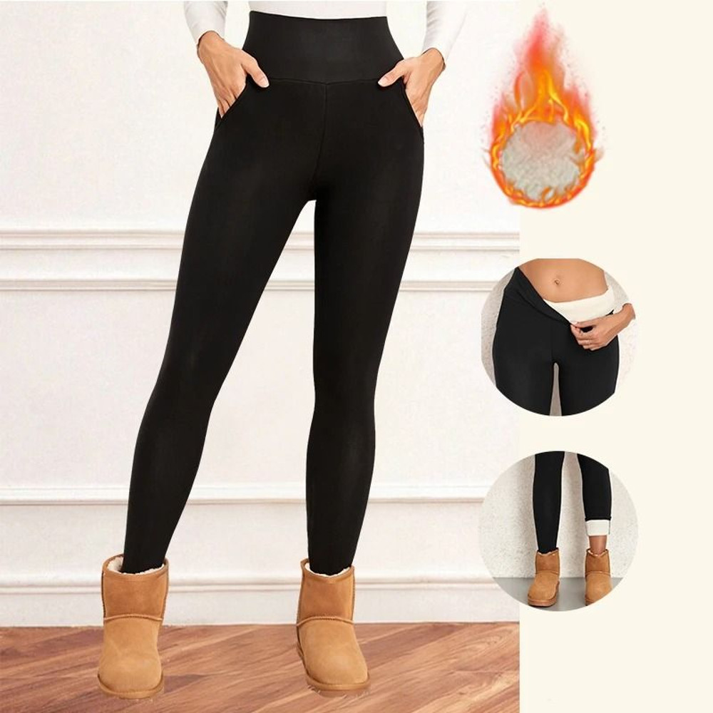 Women Velvet Fleece Leggings With Pockets Warm Winter Stretch Pants 2