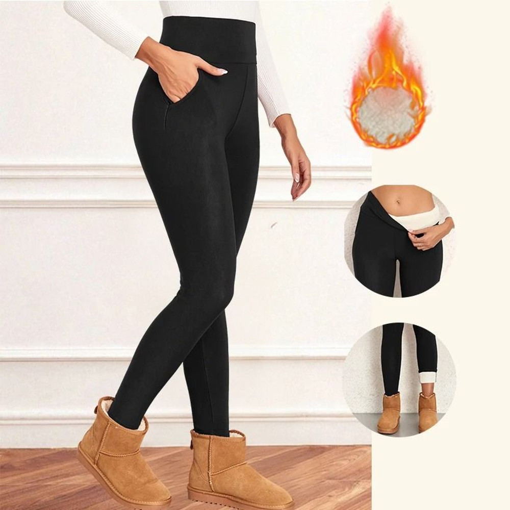 Women Velvet Fleece Leggings With Pockets Warm Winter Stretch Pants 3