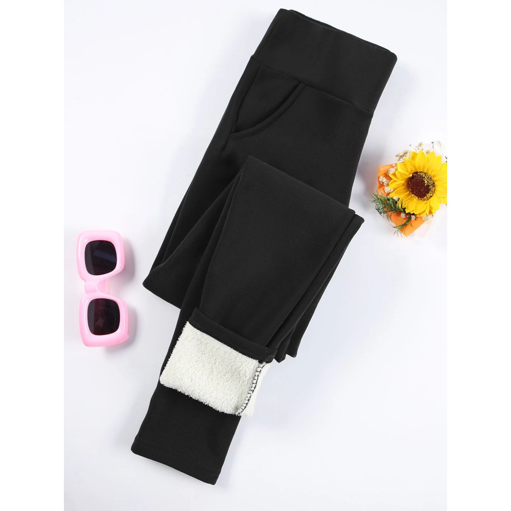 Women Velvet Fleece Leggings With Pockets Warm Winter Stretch Pants 5