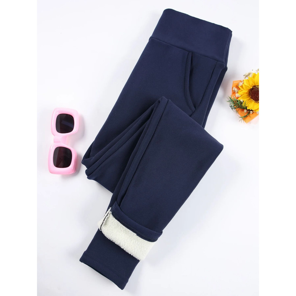 Women Velvet Fleece Leggings With Pockets Warm Winter Stretch Pants 6