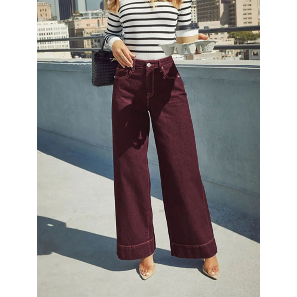 Womens Burgundy High Waist Stretch WideLeg Jeans 2