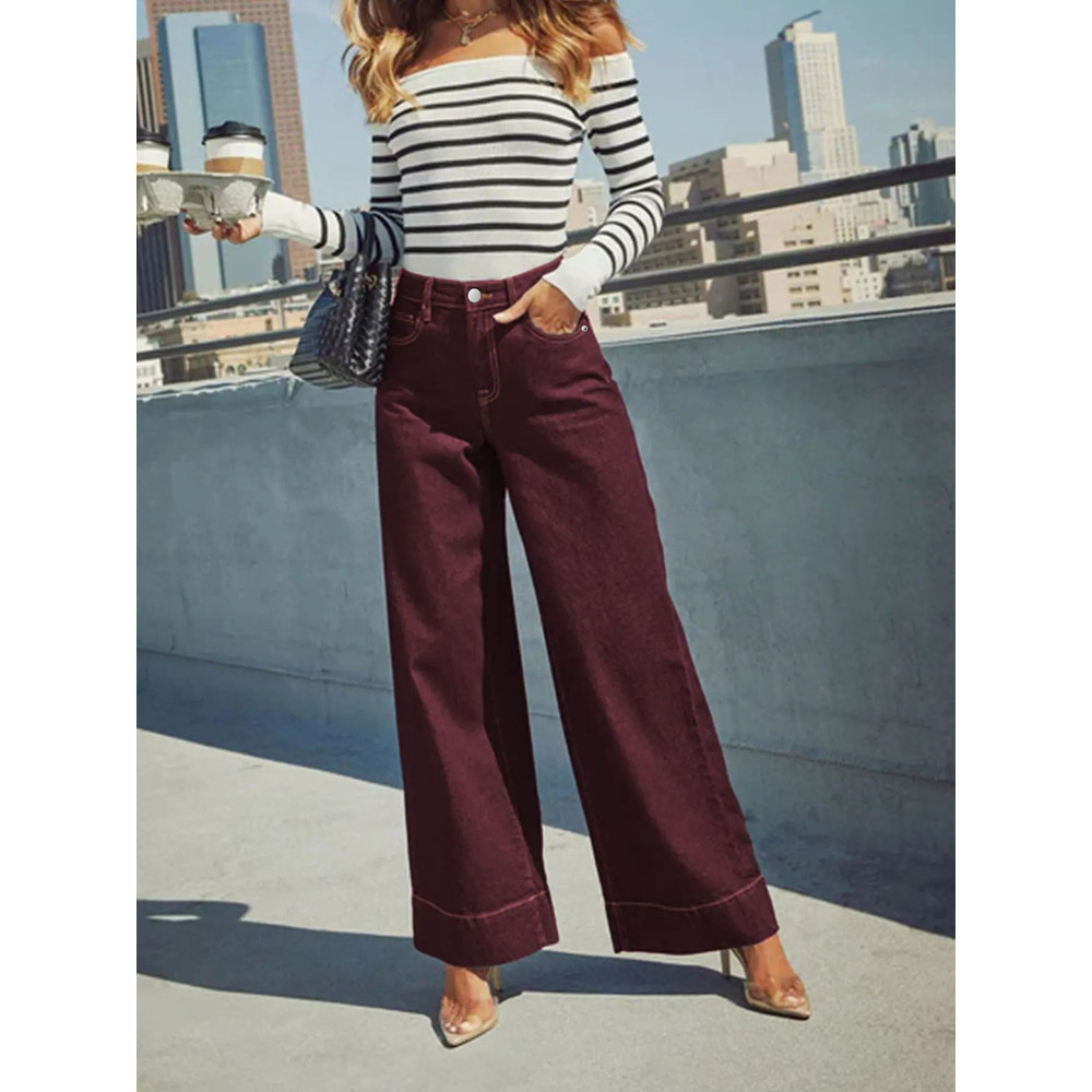 Womens Burgundy High Waist Stretch WideLeg Jeans 3