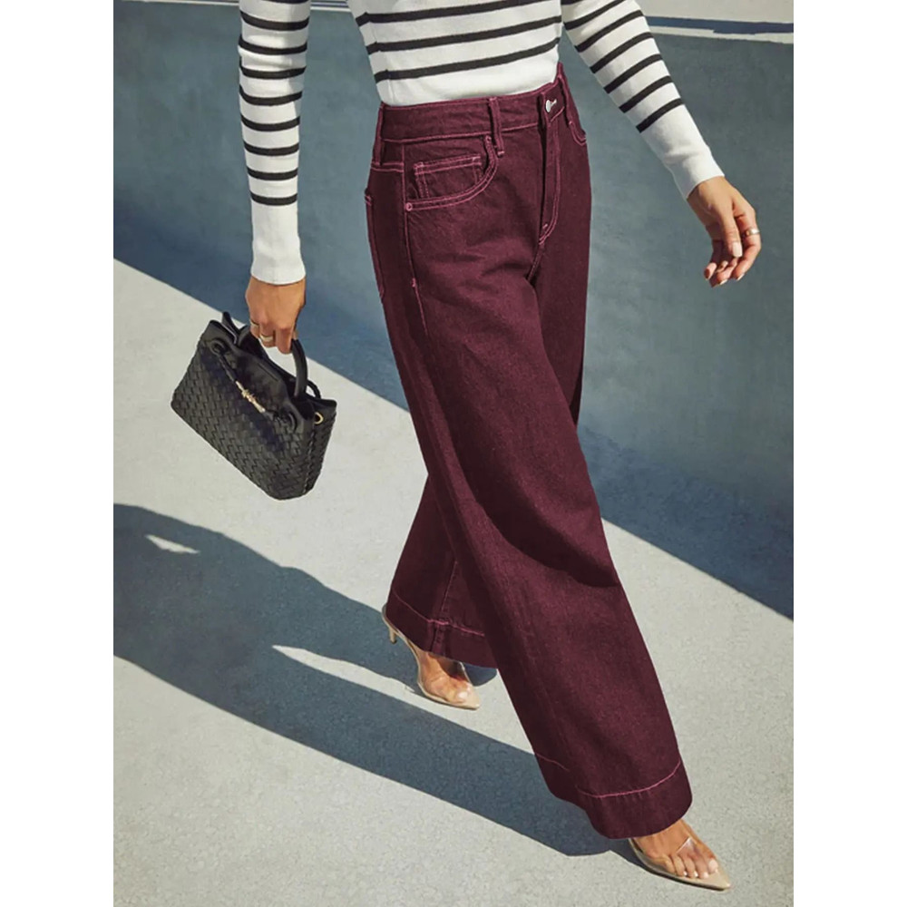 Womens Burgundy High Waist Stretch WideLeg Jeans 4