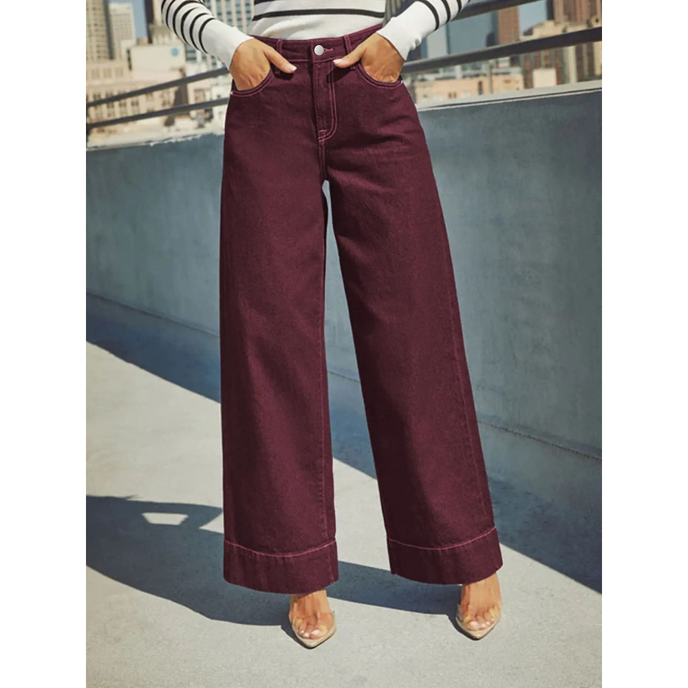 Womens Burgundy High Waist Stretch WideLeg Jeans 5