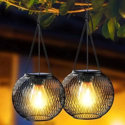solar hanging lantern outdoor light – waterproof metal decorative garden lamp with retro led bulb